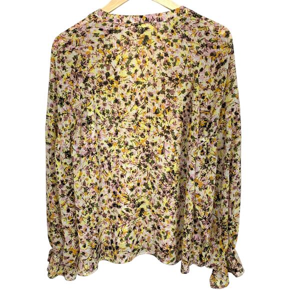 ALL IN FAVOR Women's L Yellow Purple Floral Pintuck Ruffle Cuff Blouse - Picture 2 of 8